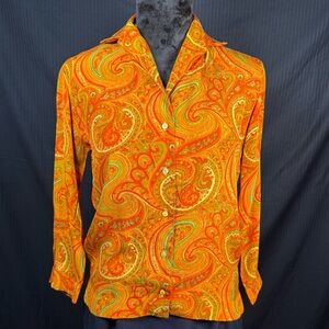 Vintage 70s Silk Psychedelic Paisley Button-Up – Bold Orange & Green